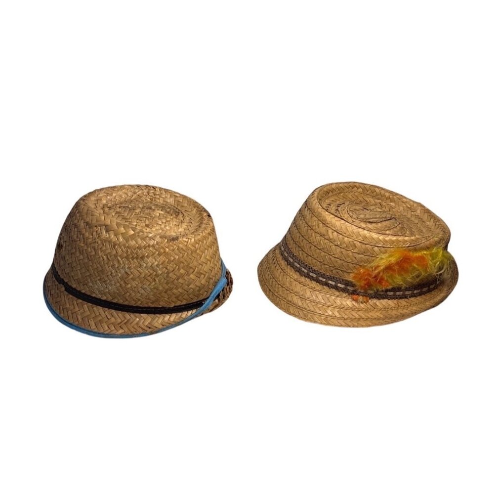 Woven Straw Fedora Hats With Decorative Bands & Accents Set Of 2